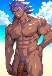 ai_generated balls beach cock confident ctst4r dark-skinned_male dark_skin high_resolution highres leon_(pokemon) long_hair male male_focus male_only muscles muscular muscular_male nipples pecs pectorals penis pubic_hair purple_hair smirk solo solo_male testicles