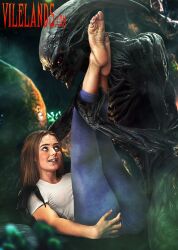 alien alien_humanoid brown_hair captured clothed_female_nude_male clothes clothing feet feet_up helpless horror horror_(theme) leggings legs_up monster monster_on_female petite petite_body petite_female petite_girl scary smaller_female teen_girl
