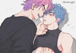 aphelios aqua_hair blush gay heartsteel_aphelios heartsteel_kayn heartsteel_series kayn league_of_legends male male/male male_focus male_only pink_hair purple_hair ss22ingd two_tone_hair yaoi