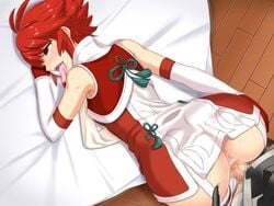 ahe_gao anus ass bed big_ass blush censored corrin_(fire_emblem) corrin_(fire_emblem)_(male) female fire_emblem fire_emblem_fates hinoka_(fire_emblem) hou_(hachiyou) nintendo panty_pull pussy red_eyes red_hair short_hair textless vaginal_penetration vaginal_sex white_panties