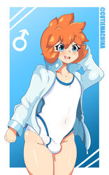 1boy androgynous blue_eyes blush bulge cutiemachina femboy flaccid flaccid_penis girly kasumi_(pokemon) male nintendo one-piece_swimsuit orange_hair pale-skinned_male pale_skin penis_bulge pokemon pokemon_hgss pokemon_rgby rule_63 short_hair solo swimsuit thick_thighs thighs