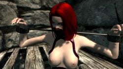 1girls 3d bondage bound_wrists dirkjag face_mask mod red_hair skyrim upper_body