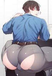 1boy ai_generated ass ass_focus back belt big_ass blue_shirt blush brown_belt bulge ctst4r eyebrows_visible_through_hair femboy grey_pants hair_between_eyes hi_res high_resolution highres looking_at_viewer looking_back male male_focus male_only open_mouth pants shirt solo solo_male squatting torn_clothes torn_clothing torn_pants