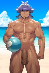 ai_generated balls beach cock confident ctst4r dark-skinned_male dark_skin high_resolution highres leon_(pokemon) long_hair male male_focus male_only muscles muscular muscular_male nipples pecs pectorals penis purple_hair smirk solo solo_male testicles