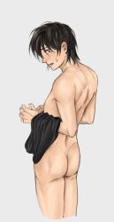 annyeong0369 ass black_hair blush butt_crack embarrassed gintama looking_at_viewer looking_back male male_only masculine nude rear_view solo standing sweatdrop twink undressing yamazaki_sagaru