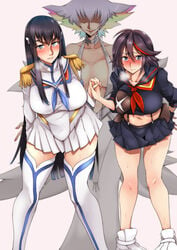 3girls bending_forward big_breasts black_hair black_hair_bottom blush domination eyepatch female female_protagonist gggg holding_hands incest insertion junketsu kill_la_kill kiryuuin_ragyou kiryuuin_satsuki large_breasts light_hair_on_dark_hair long_dress long_hair looking_at_viewer matoi_ryuuko mother mother_and_daughter multiple_girls rainbow_hair school_uniform schoolgirl senketsu sentient_clothing short_hair siblings sisters skirt steam suggestive suggestive_posing thighhighs white_background white_hair white_hair_on_black_hair white_hair_top white_shoes white_thighhighs