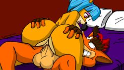 anthro big_ass big_penis blue_hair crash_(series) fake_crash lightningknight megumi_bandicoot penetration red_hair smile