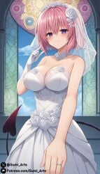 ai_generated blush church cleavage collar demon_tail gloves gumi_arts hair_ornament indoors large_breasts looking_at_viewer momo_velia_deviluke pink_hair pov purple_eyes short_hair single_glove smug stable_diffusion stained_glass_window tail to_love-ru to_love-ru_darkness to_love-ru_darkness_2nd wedding_dress wedding_ring white_gloves