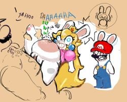 anthro bodily_fluids clothing crossover cum cum_inside eastern_and_western_character erection erection_under_clothing female genital_fluids hi_res human human_on_anthro inflation interspecies male male_on_anthro mammal mario mario_(series) mario_+_rabbids mario_+_rabbids:_kingdom_battle nintendo penetration rabbid_mario rabbid_peach raving_rabbids size_difference smaller_female tagxo_(artist) ubisoft vaginal_penetration