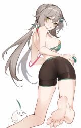 1girls ass brown_hair feet green_eyes hair_ornament honkai:_star_rail inniyik looking_at_viewer qingque_(honkai:_star_rail) soles twintails underwear very_long_hair