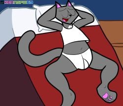 barefoot barely_clothed bed chest_tuft closed_eyes domestic_cat feline furry grey_body grey_fur half_naked kenmazu95 male miles_grey on_back tank_top tighty_whities topless topless_male underwear white_underwear