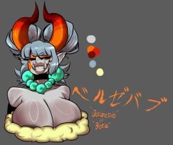 beelzebub_(creature_lewds) busty_female creature_lewds hair_buns huge_breasts japanese_text katakana necklace nipple_slip oni oni_horns pale-skinned_female pale_skin reference_sheet text thick_lips tusks