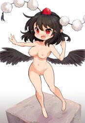 1girls bandaid bandaid_on_pussy bird_wings black_hair black_wings blush breasts commentary_request completely_nude female female_only full_body futa_(nabezoko) hat large_breasts low_wings maebari medium_bangs medium_hair nipples nude open_mouth pointy_ears pom_pom_(clothes) pussy red_eyes red_hat shameimaru_aya solo standing tokin_hat touhou white_background wings