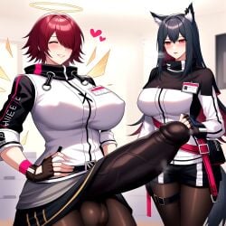1futa 1girls ai_generated arknights black_hair erect_penis erection erection_under_clothes erection_under_pantyhose exusiai_(arknights) futanari halo huge_cock large_breasts pantyhose red_hair texas_(arknights) wolf_ears
