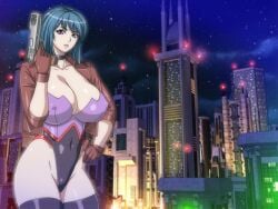 asian asian_bimbo asian_female bimbo black_hair bodysuit breasts female female_focus gaden ghost_in_the_shell ghost_in_the_shell_stand_alone_complex gun handgun huge_breasts kusanagi_motoko leotard nipples purple_eyes weapon