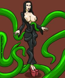 1girls big_breasts black_hair black_lipstick breasts female goth high_heels huge_breasts implied_penetration mature_female milf morticia_addams mother nipples parrtime_artist tentacle tentacle_on_female tentacles_under_clothes the_addams_family