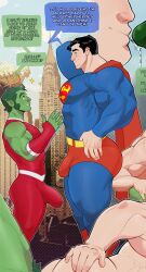 bara beast_boy big_bulge bulge clark_kent clothing daddy dc dc_comics english_text flaccid garfield_logan gay green_body green_hair green_skin huge_bulge male male/male male_only manly mature_male muscular_male penis_outline rumpletumple1 size_difference superhero superman superman_(series) text tight_clothing