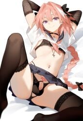 adult adult_male ai_generated astolfo_(fate) black_socks fate/apocrypha fate/grand_order fate_(series) femboy flaccid lace-trimmed_socks lace-trimmed_thighhighs light-skinned_male looking_at_viewer lunarheron penis pink_hair presenting_penis purple_eyes small_balls small_penis smile socks tagme thigh_socks thighhighs trap