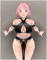 1girls big_breasts black_dress boruto:_naruto_next_generations breasts cleavage cleavage_cutout colored_sketch curvy donchibi dress female female_only green_eyes looking_at_viewer mature_female midriff milf naruto naruto_(series) pink_hair sakura_haruno short_hair skimpy skimpy_dress solo thick_thighs thighs wide_hips yomorio_lingerie