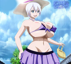 1girls alternate_breast_size areola_slip artist_name bag bikini blue_eyes breasts erect_nipples erect_nipples_under_clothes fairy_tail female female_only greengiant2012 hat holding_bag huge_breasts lisanna_strauss nipple_bulge open_mouth outdoors short_hair skirt sky smile solo solo_female sunshine teeth underboob white_hair