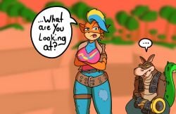 anthro clothed confidentartist crash_(series) dialogue dingodile dyed_hair female furry furry_female furry_male hybrid scalie speech_bubble tawna_bandicoot tawna_bandicoot_(crash_4)