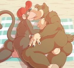 2boys anthro anti_dev anus ape ass backsack balls banjo-kazooie banjo_(banjo-kazooie) big_nipples brown_body brown_fur claws closed_eyes clothing diddy_kong donkey_kong_(series) duo fur gay genitals haplorhine hat headgear headwear hi_res kissing lying male male/male male_focus male_only mammal monkey nintendo nipples nude on_side primate rareware rear_view sand super_smash_bros. ursid video_games