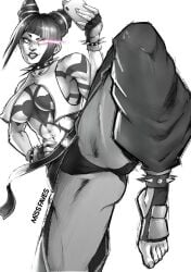 1girls artist_name barefoot barely_clothed black_and_white busty capcom collar fighting_pose fingerless_gloves hand_on_hip juri_han kicking missfaves purple_eyes revealing_clothes smartphone spiked_collar spikes street_fighter tattoo underboob