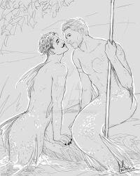 2boys almost_kissing artist_name artist_signature artist_website bara beard_stubble beauty_mark black_and_white colorless cullen_rutherford dark_hair dorian_pavus dragon_age dragon_age_inquisition duo ear_piercing earrings elmroko facial_hair fin flippers gay gay_male jewelry light_hair looking_at_another looking_at_partner mage male male/male male_only merfolk mermaid mermaid_tail merman mole monochrome moustache muscular muscular_male piercing scale_markings scales siren sitting smile smiling straight_male stubble video_games yaoi