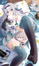 1girls bed best_girl blush blushing cleavage exposed_breasts feet firefly_(honkai:_star_rail) flexible_toes honkai:_star_rail jndfh medium_breasts pillow plushie silver_hair smartphone star stelle_(honkai:_star_rail) stockings toes toes_visible_through_clothing