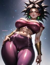 1girls abs ai_generated blue_eyes blush breasts cameltoe covered_nipples crop_top dragon_ball dragon_ball_super earrings fr34ky green_hair jewelry kefla large_breasts midriff muscular muscular_female navel solo spiked_hair stable_diffusion super_saiyan thick_thighs thighs