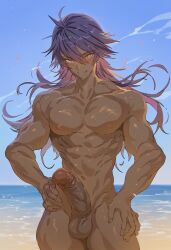 ai_generated balls beach cock confident ctst4r dark-skinned_male dark_skin game_freak high_resolution highres leon_(pokemon) long_hair male male_focus male_only muscles muscular muscular_male nintendo nipples outdoors pecs pectorals penis pokemon pokemon_ss purple_hair smirk solo solo_male testicles