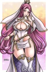 1girls alternate_costume bracelet braid breasts cleavage cleavage_cutout closed_mouth clothing_cutout cowboy_shot dress female female_only fire_emblem fire_emblem_heroes gold_trim hand_on_own_cheek hand_on_own_face highres jewelry kalesklok large_breasts loki_(fire_emblem) loki_(trickster_god)_(fire_emblem) long_hair looking_at_viewer nintendo official_alternate_costume pelvic_curtain purple_eyes purple_hair smile solo thighhighs very_long_hair waist_cape white_dress white_thighhighs