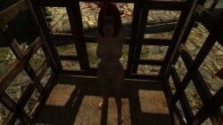 1girls 3d arms_behind_back blindfold cage caged dirkjag gag gagged grey_panties mod panties red_hair skyrim topless topless_female