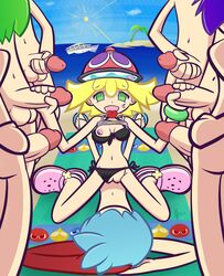 1girls 6+boys 7boys amitie balls beach bikini blonde_hair breasts cap gangbang green_eyes handjob hat masturbation medium_breasts official_style on_model one_breast_out penis puyo_puyo puyo_puyo_fever sega shirt_lift sig_(puyo_puyo) supermoonshroom surrounded_by_penises testicles tongue tongue_out vaginal_penetration