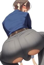 1boy ai_generated ass ass_focus back belt big_ass blue_shirt blush brown_belt brown_hair bulge ctst4r eyebrows_visible_through_hair femboy grey_pants hair_between_eyes hi_res high_resolution highres looking_at_viewer looking_back male male_focus male_only open_mouth pants shirt solo solo_male squatting torn_clothes torn_clothing torn_pants