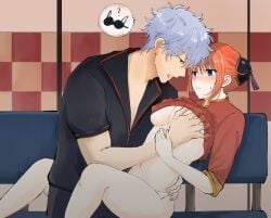 1boy 1girls aged_up blue_eyes blush breast_grab bun_cover chinese_clothes double_bun embarrassed female gintama gintoki_sakata ginyuu groping groping_breasts hair_ornament kagura_(gintama) male medium_breasts no_bra orange_hair pale-skinned_female pale_skin panties shirt_up sitting sofa underboob