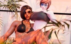 2girls aviator_sunglasses belly big_ass big_belly big_breasts black_body blender blender3d blender_(artwork) blender_cycles blizzard_entertainment blue-tinted_eyewear breasts brown-tinted_eyewear chinese eyewear fat_ass female female_focus fit fit_female glasses korra_amari lighting mei_(overwatch) nsfw overwatch overwatch_2 pharah sfw sfw_version short_hair sunglasses tinted_eyewear wearing_glasses