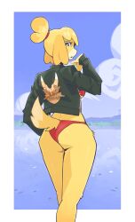 1girls animal_crossing ass breasts female isabelle_(animal_crossing) jacket nanokindred swimsuit tagme