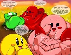 5girls ambiguous_prey anger_symbol angry female female_only female_pred female_prey green_skin kirby kirby_(series) kirby_and_the_amazing_mirror meta_knight nintendo pink_skin red_skin stomach_bulge tepigfan101 text text_bubble vore vore_belly yellow_skin