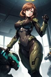 ai_generated armor breast_armor brown_hair green_eyes halo halo_(series) sci-fi science_fiction thick_thighs tight_clothing