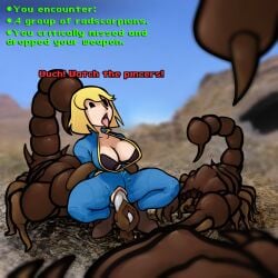 1girls 2d 3boys ahe_gao arachnid arachnophilia bestiality blonde_female blonde_hair bodysuit bra breasts captured captured_heroine cleavage defeated defeated_heroine fallout fallout_(series) human_on_feral insect light-skinned_female radscorpion rape restrained restrained_arms scorpion sex spermatophore squatting stomach_bulge tagme tongue_out vaginal_penetration vault_girl vault_meat vault_suit zoophilia zoquete