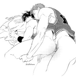 2boys anal armband basketball_jersey basketball_uniform bishounen blush bottomless catbishonen censored couple cowboy_shot from_behind greyscale half-erect highres kissing kissing_neck lying male_focus monochrome multiple_boys muscular muscular_male on_side overly_muscular penis rukawa_kaede sakuragi_hanamichi sex short_hair slam_dunk_(series) sportswear tank_top testicles toned toned_male yaoi