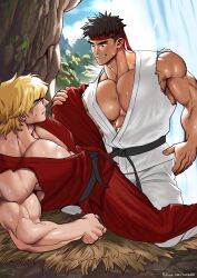 bandana bara blonde_hair capcom clothing gay ken_masters male male/male male_only muscular_male ryu_(street_fighter) street_fighter suyohara