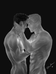 2boys abs artist_signature bara beard_stubble beauty_mark biceps black_and_white closed_eyes colorless completely_nude cullen_rutherford dark_hair dorian_pavus dragon_age dragon_age_inquisition duo elmroko facial_hair gay gay_male hand_on_chest hand_on_head heart human light_hair mage male male/male male_only mole monochrome moustache moustache muscles muscular muscular_male naked naked_male nipples nude nude_male pecs standing standing_position straight_male stubble video_games yaoi