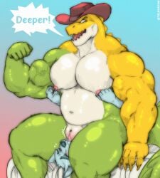 absurd_res alligator alligatorid andromorph animal_genitalia animal_humanoid anthro bara bara_tiddies bara_tits big_chest big_pecs candy cloaca clothing crocodilian cuntboy dessert dialogue duo flexing food food_creature genital_slit genitals gigantic_chest gigantic_pecs glitch_productions gummigoo_(the_amazing_digital_circus) gummy_(food) gummy_creature hat headgear headwear hi_res huge_chest huge_pecs humanoid intersex large_pectorals living_candy male male/male male_only mammal man_boobs man_breasts massive_chest massive_pecs moobs muscular nipples oral pecs reptile scalie slit_play the_amazing_digital_circus tylerstark