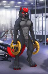 absurd_res animal_genitalia anthro balls canid canine canine_genitalia canis clothing digital_media_(artwork) fully_sheathed fur furry fury_(furythewolf) genitals grey_body grey_fur gym hair hi_res kinsheph looking_at_viewer male mammal nude penis red_body red_fur sheath simple_background solo tail wolf