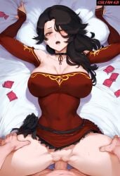 ai_clothes ai_generated ai_hands cinder_fall clothed_female_nude_male condoms csr_fan_621 female female_focus fully_clothed missionary missionary_position missionary_sex on_bed pov pov_male rwby self_upload tagme