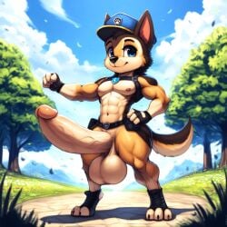 3_toes 4_fingers abs ai_generated anthro anthro_only belt blue_eyes casual casual_erection casual_nudity chase_(paw_patrol) chest_harness clawed_toes cub cute cute_face digitigrade dog_ears dog_tail erection femboy fingerless_gloves furry furry_only german_shepherd hard_nipples harness hung hyper hyper_balls hyper_genitalia hyper_penis looking_at_viewer muscle muscle_tone muscular muscular_anthro muscular_male muscular_thighs nai_diffusion nonchalant outdoors paw_patrol pecs police police_badge police_hat police_officer police_uniform public shameless small_but_hung solo standing swollen_balls tactical_gear tactical_nudity tail thick_penis thick_thighs toeless_footwear tool_belt veiny_penis veiny_testicles wide_hips young young_boy