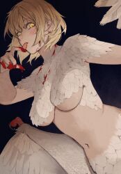 1girls belly_button blonde_hair blood blood_stain busty chimera delicious_in_dungeon dungeon_meshi falin_touden falin_touden_(chimera) feathered_wings feathers giganticbuddha licking_fingers light-skinned_female light_skin monster_girl tongue_out underboob wings yellow_eyes