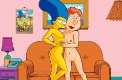 20th_century_fox 20th_century_studios 2girls bart_simpson blue_hair breasts cheating_wife crossover family_guy family_photo family_portrait grabbing_ass holding_hands homer_simpson lisa_simpson lois_griffin looking_at_viewer maggie_simpson marge_simpson milf milfs nude nude_female pussy red_hair red_lipstick santa's_little_helper santa_little_helper_(the_simpsons) the_simpsons yellow_body yellow_skin